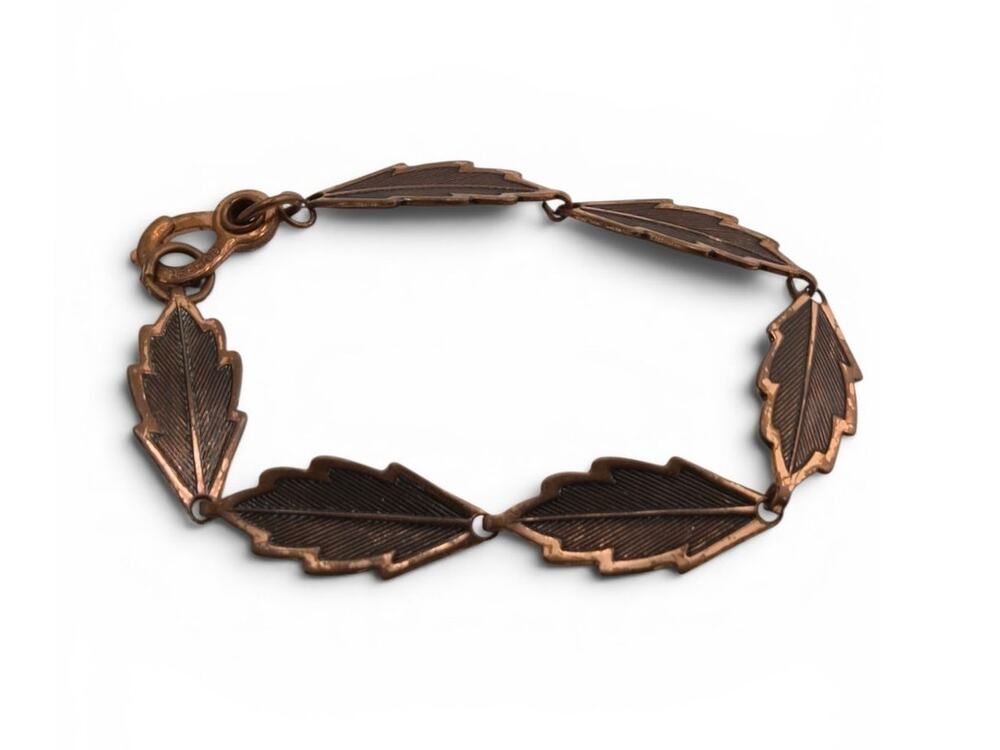 Vintage Solid Copper Leaf Link Bracelet Mid Century Nature 8 Inch